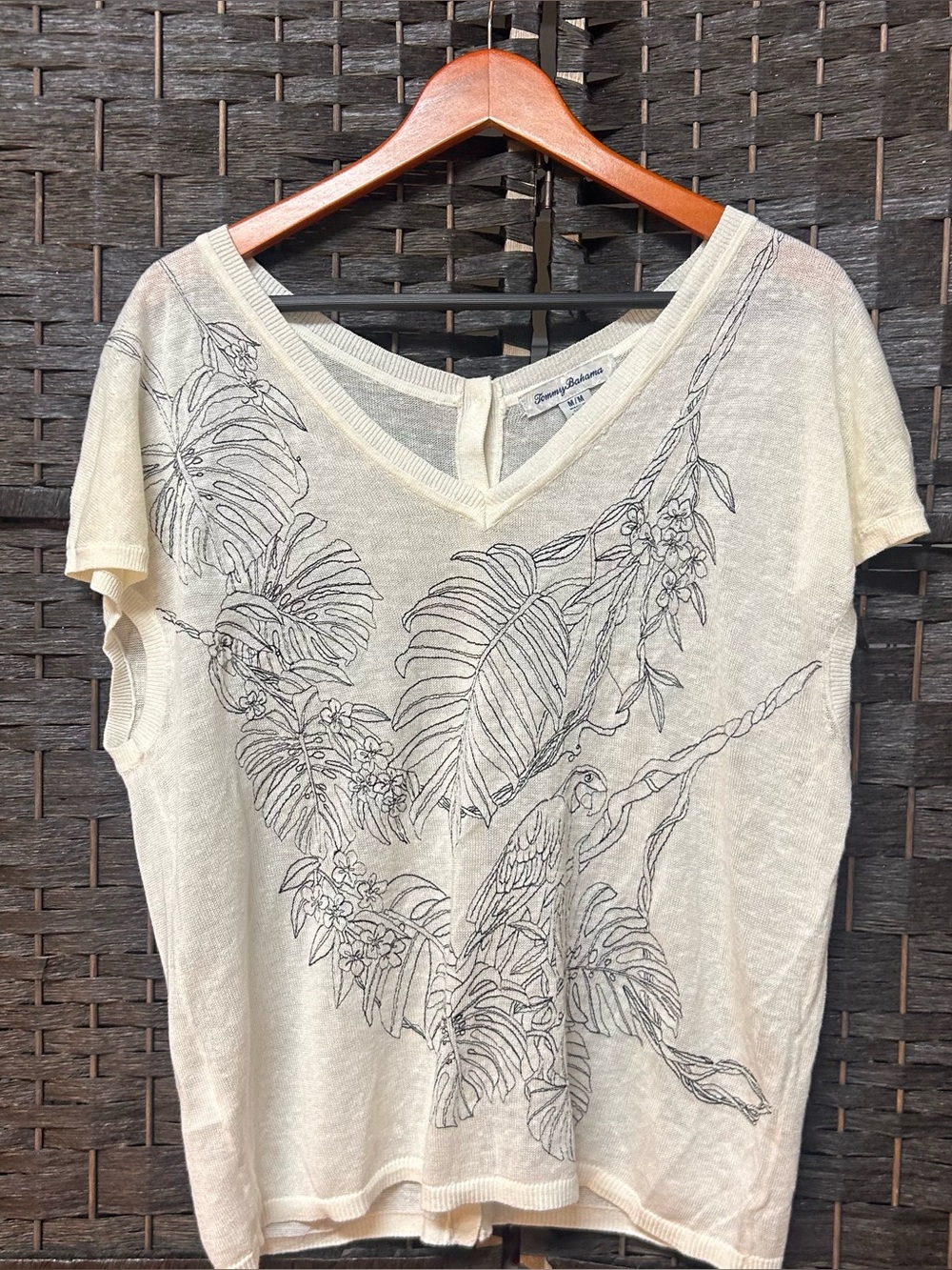 Tommy Bahama white and black embroidered  top size medium linen blend